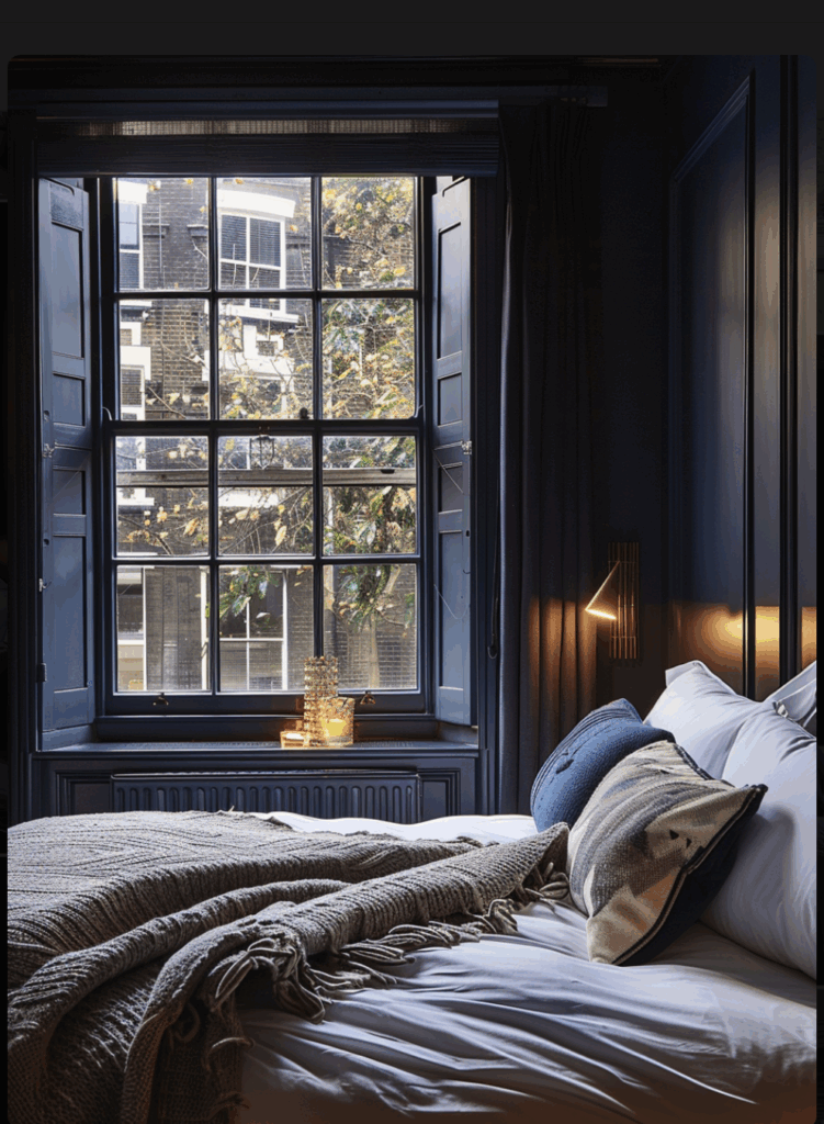 Hackney Bedroom with Farrow and Ball painted Solid Shutters. Bedroom shows privacy and style that Solid Shutters can bring to a Hackney Stylish Bedroom
