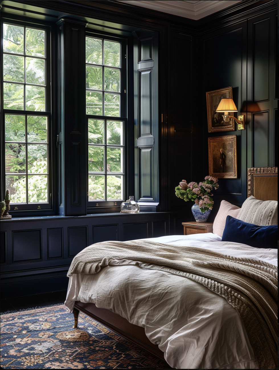 A luxury Hackney Bedroom with Painted Solid Shutters fitted by The Hackney Shutter Co.