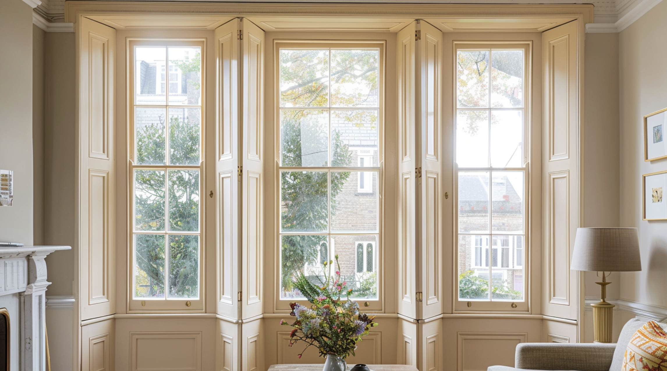 Cream Solid Shutters in a Hackney Street. Design to create privacy to your space