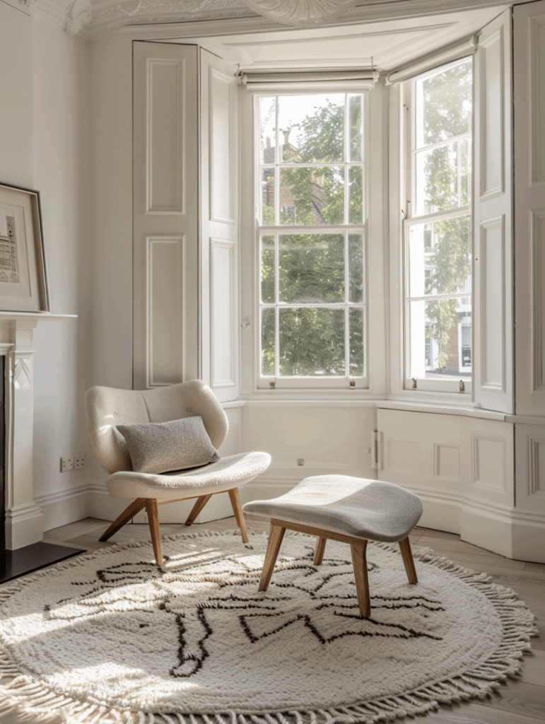 Solid shutter panels fitted to a bright Hackney living room, offering privacy, insulation and a timeless finish for period windows.