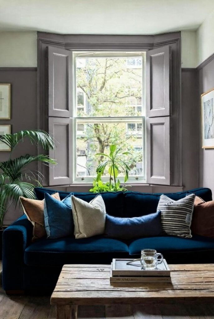 Farrow and Ball painted Solid Shutters in a stylish Hackney Living Space fitted by The Hackney Shutter Co.