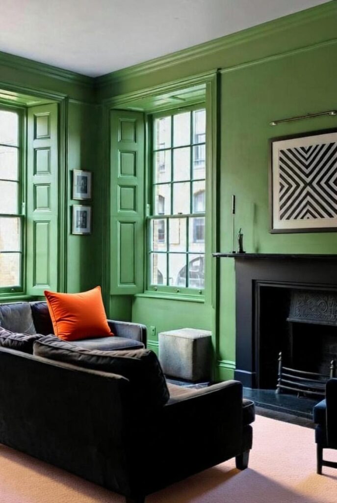 Solid shutter panels in a Hackney living room, showcasing how colour and panel style can transform a period interior.