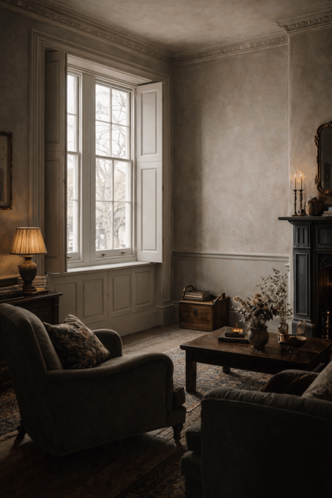 Period London living room featuring tall sash windows with solid wood shutters, muted neutral walls, dark armchairs, a traditional fireplace, and a calm, heritage interior.