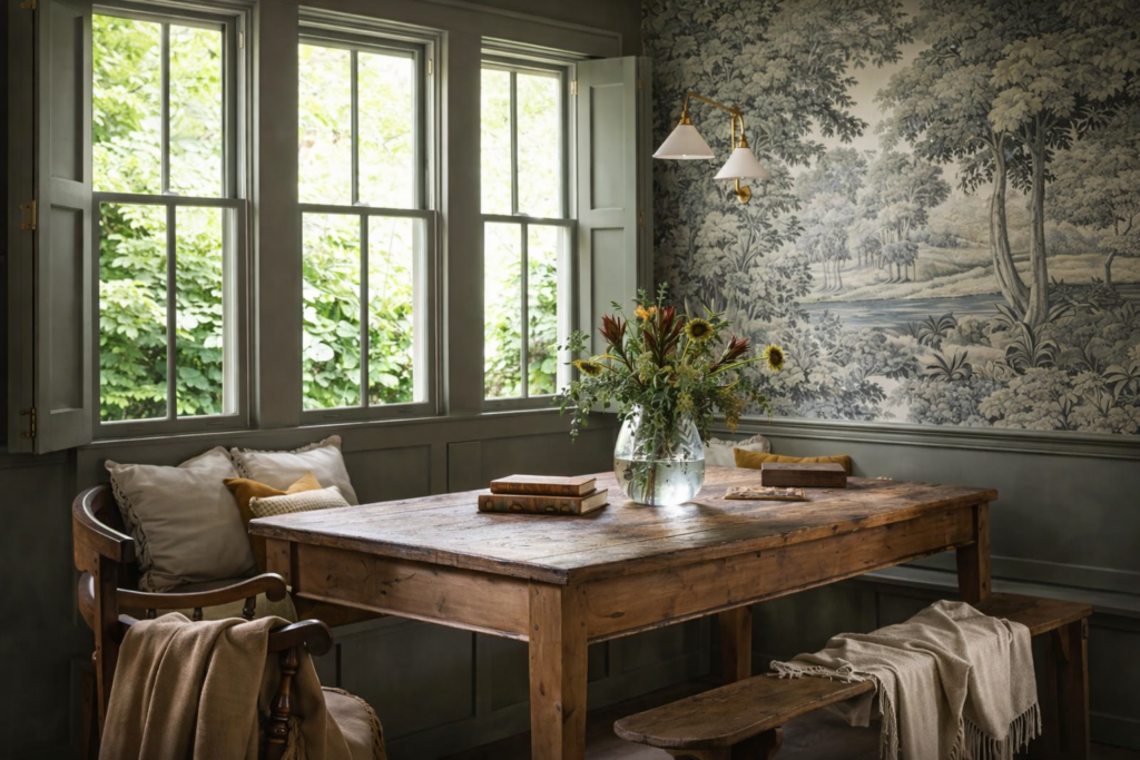 Calm London dining room with a rustic wooden table, botanical wallpaper, and tall sash windows featuring interior solid panel shutters folded open inside the window recess, allowing soft natural daylight into a Hackney townhouse home.